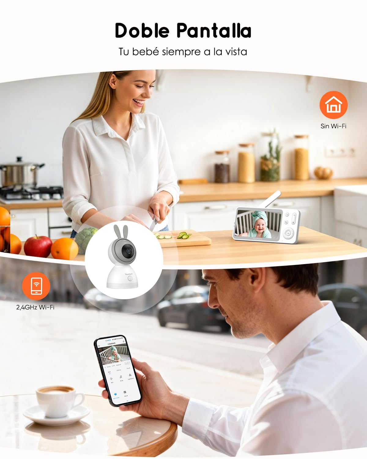 5” 2K/3MP Camara Vigilancia Bebe con App Movil, 360° PTZ Vigilabebes Control de Monitor y Movil, Detección de Movimiento, Detección Inteligente de llanto, Visión Nocturna, 4XZoom, VOX | Control por Monitor y App, Detección de Movimiento y Detección Inteli