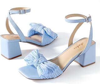 Ankis Women White Blue Gold Bow Square Open Toe Chunky Heel Wedding Sandals
