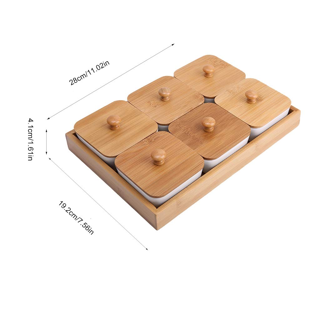 Piatto da portata in ceramica con coperchio in bambù per frutta, noci, dessert, condimenti, perfetto per servire antipasti, noci, caramelle, snack, vassoio a 6 scomparti