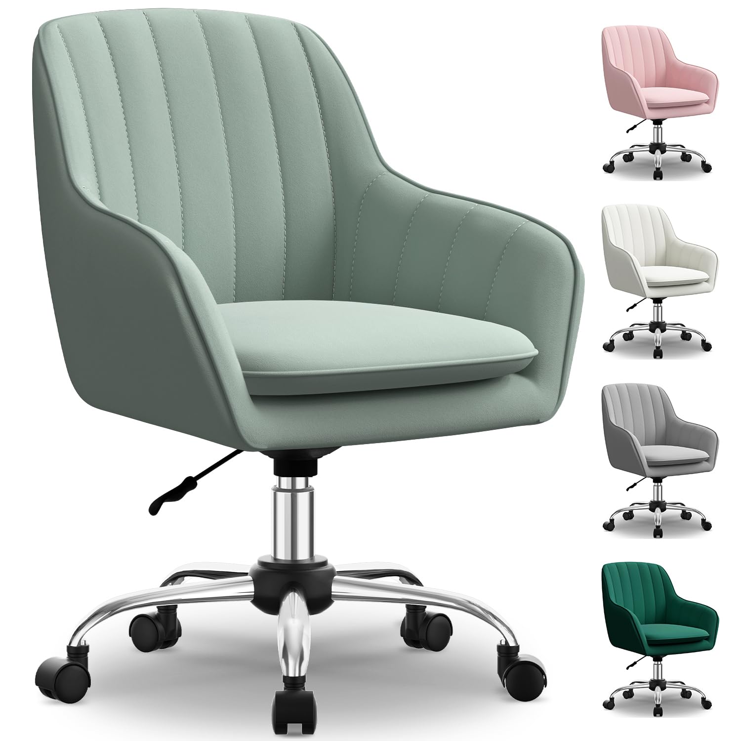 Schreibtischstuhl,Bürostuhl mit gepolstertem Samtstoff,Schminktisch Stuhl,höhenverstellbar Drehstuhl,Homeoffice Stuhl bis 150 kg belastbar,für Arbeitszimmer, Schlafzimmer, Büro,Erbsengrün