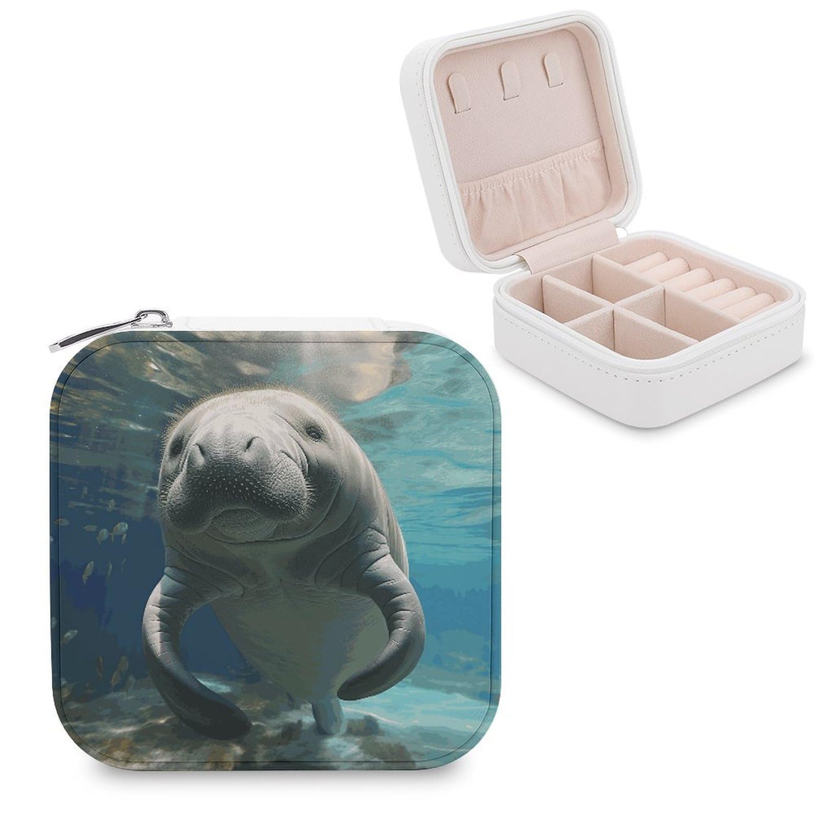JTREHY Travel Cute Sea Animal Manatee Jewelry Case Portable Display Storage Box PU Leather Mini Jewelry Travel Case Personalized Travel Jewelry Organizer Small Jewelry Box for Women