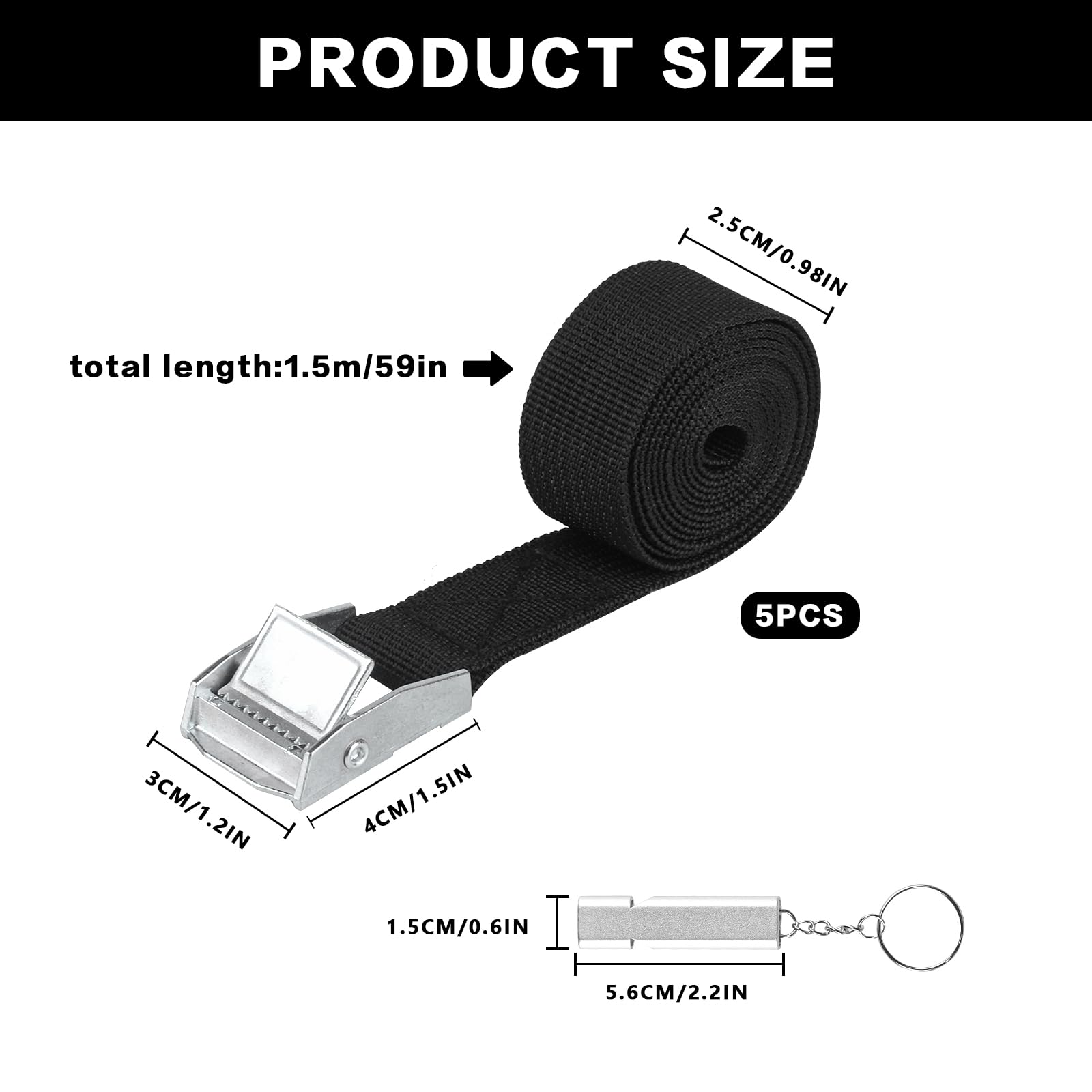 5 sztuk Pasy zapięciowe, krótkie, czarne, 25 mm x 1,5 m,do Thule na rowery, | pasek mocujący, regulowane pasy naciągowe z zapinką do rowerów, motocykli, samochodów, bagażu, kempingu, z gwizdkiem