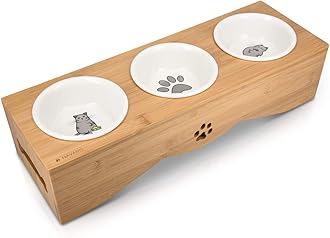 Raised Cat Bowls - Elevated Triple Cat Food Bowl Feeder - Ceramic Feeding Dishes with Bamboo Stand - 3 Dish Feeding Station Set with Printed Designs