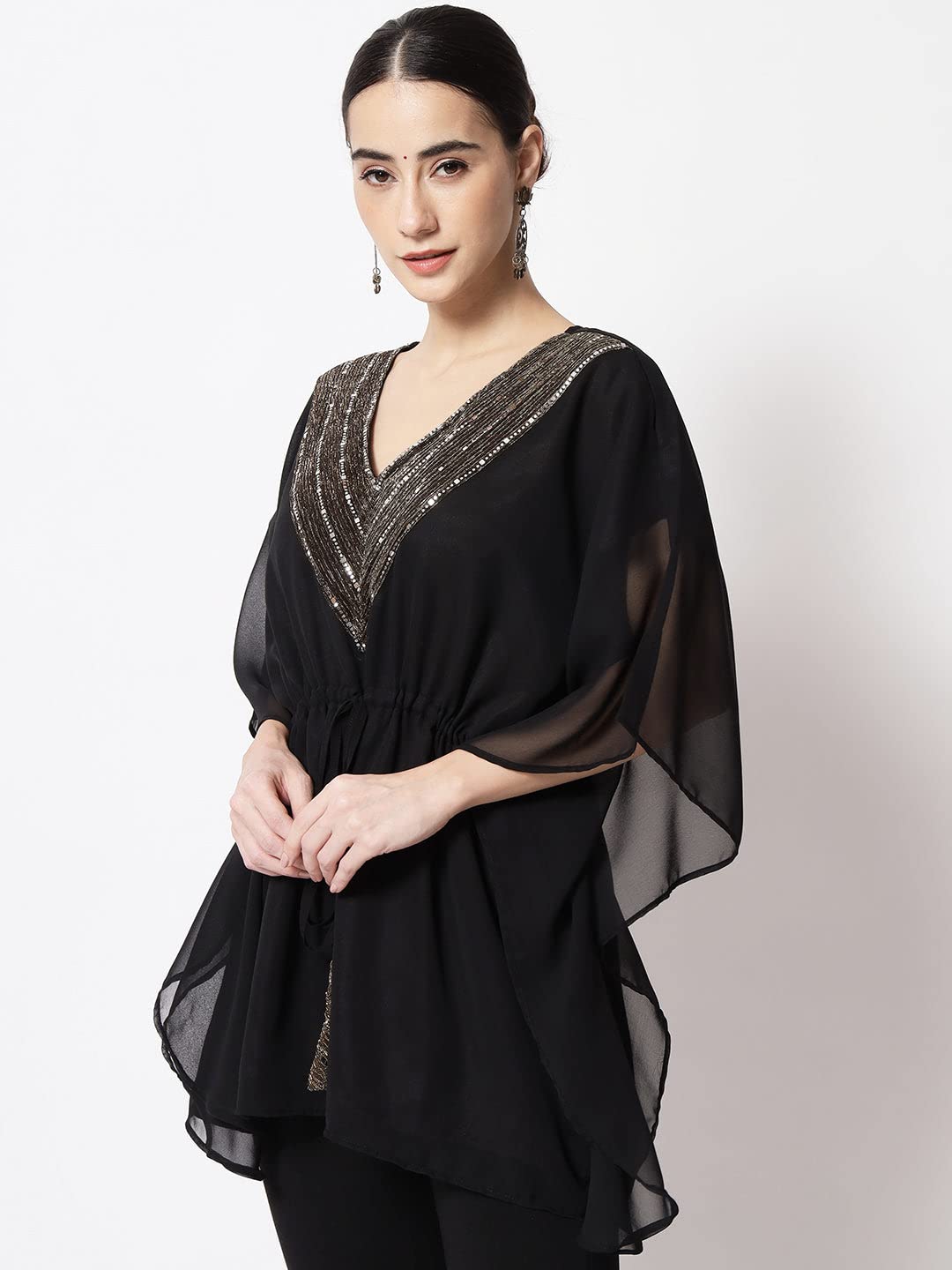 studio rasa Women's Georgette Relaxed Fit Embellished Yoke Kaftan Kurti for Festive Wedding Party (KRAC42223M_Black_Medium) 2