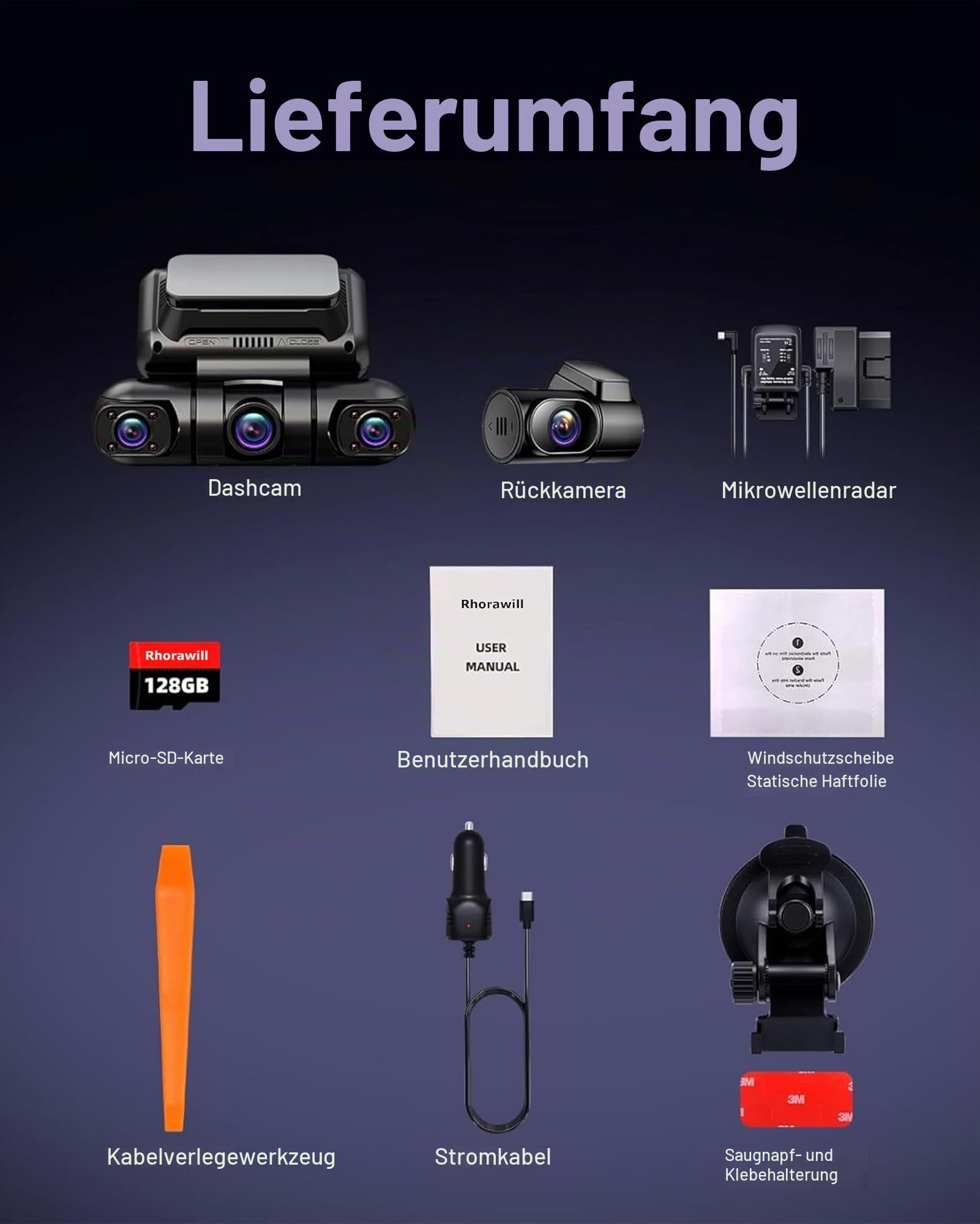 Rhorawill 4 Kanal Dashcam Auto Radar Bewegungserkennung Dash Cam,1080P 3.0"