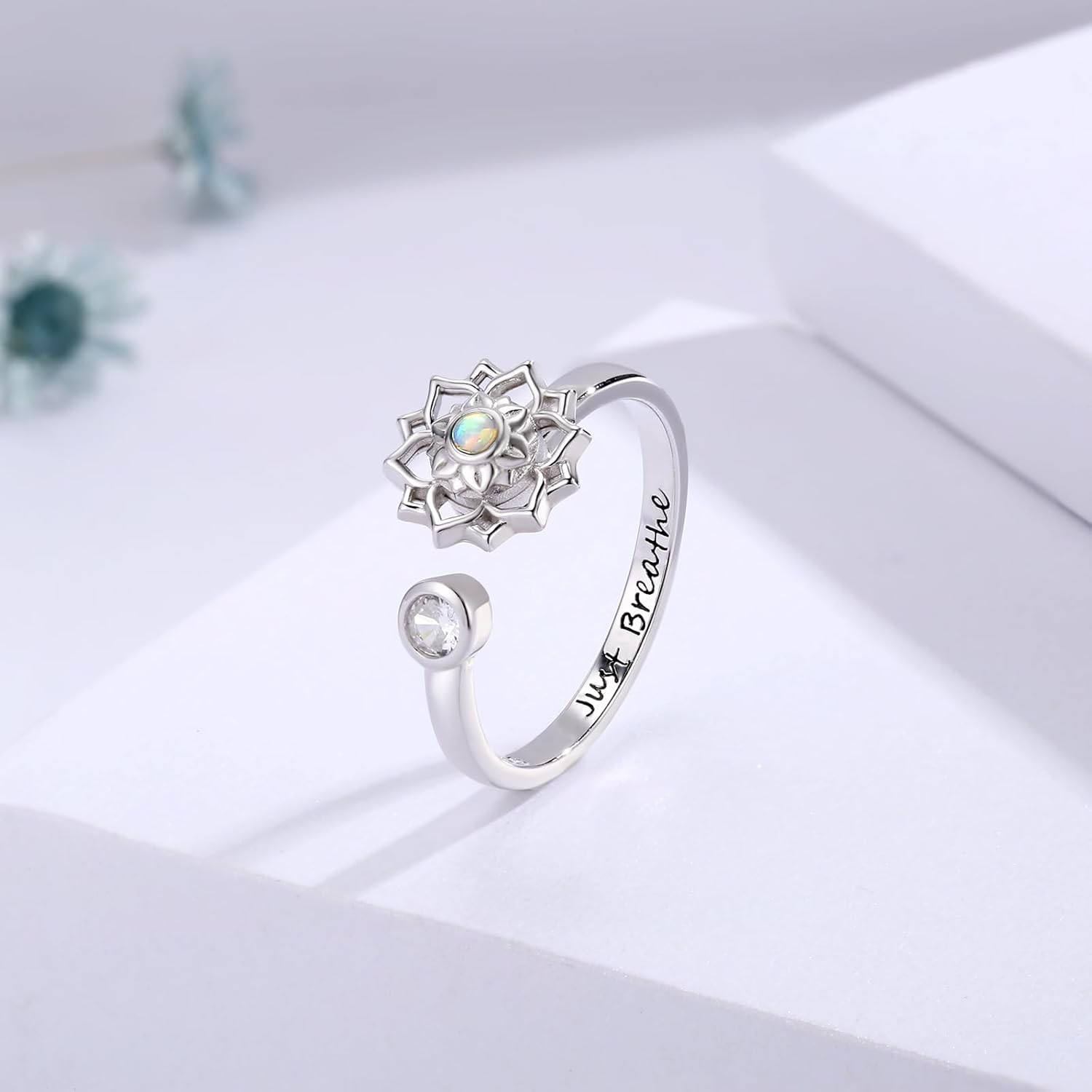 Fidget Spinner Anxiety Rings for Women: Sterling Silver Lotus Just Breathe Adjustable Stress Relieving Birthstone Jewelry Gifts for Daughter - Image 6