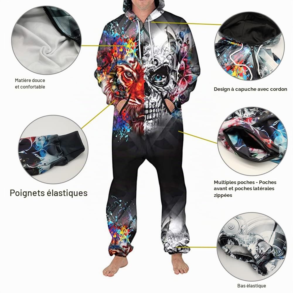 Morbuy Unisexe Jumpsuit Homme Sweat à Capuche, Family Costume 3D Imprimé Manche Longues Sweatshirt Adult Zip Onesie Une Pièce Vêtement de Nuit Pyjama