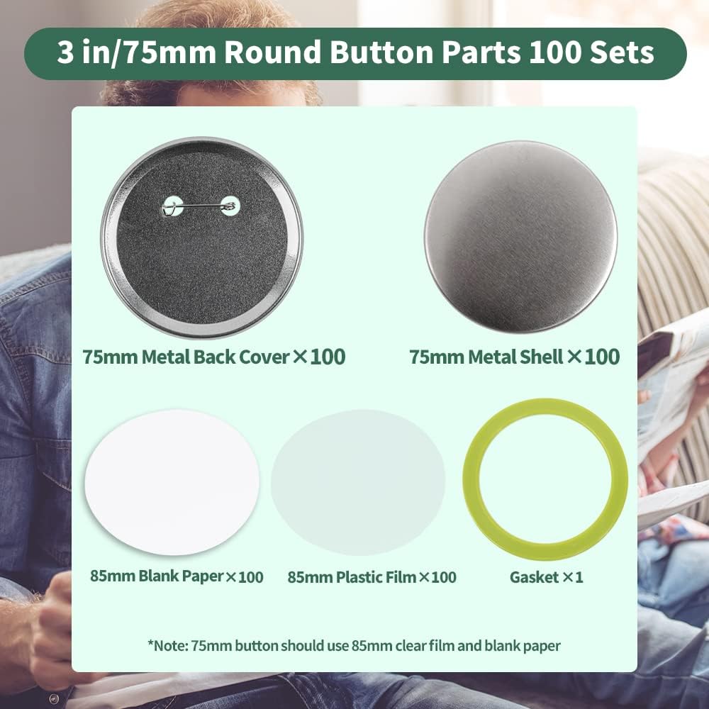 100 Sets 3 inch Button Maker Supplies, 75mm Button Supplies Parts Badge Part, Buttons Making Supplies, Includes Metal Pin Back Cover, Metal Shells, Blank Paper&Clear Film