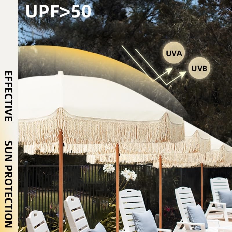 Ombrellone da esterno con nappe, 2 m, elegante ombrellone da spiaggia e piscina per giardino, cortile ed eventi, elegante baldacchino bianco per la massima ombra