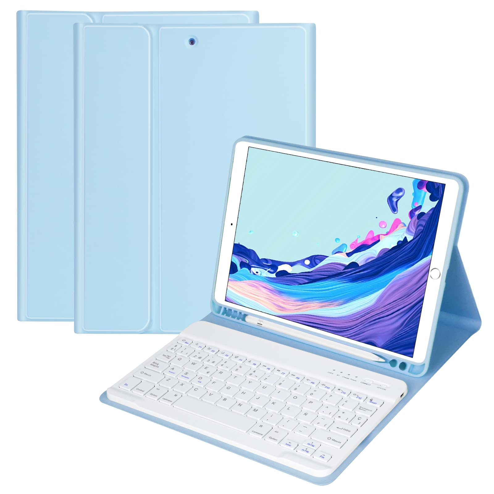 HOTLIFE Funda con Teclado para iPad 9/8/7ª 2019-202, Air 3/Pro 10.5 10.2" | con Portalápices & Despertar/Dormir Automátic, QWERTY Inalámbrico Teclado Bluetooth Magnético Desmontable con Español Ñ(Azul) Global Recycled Standard Global Recycled Standard Global Recycled Standard