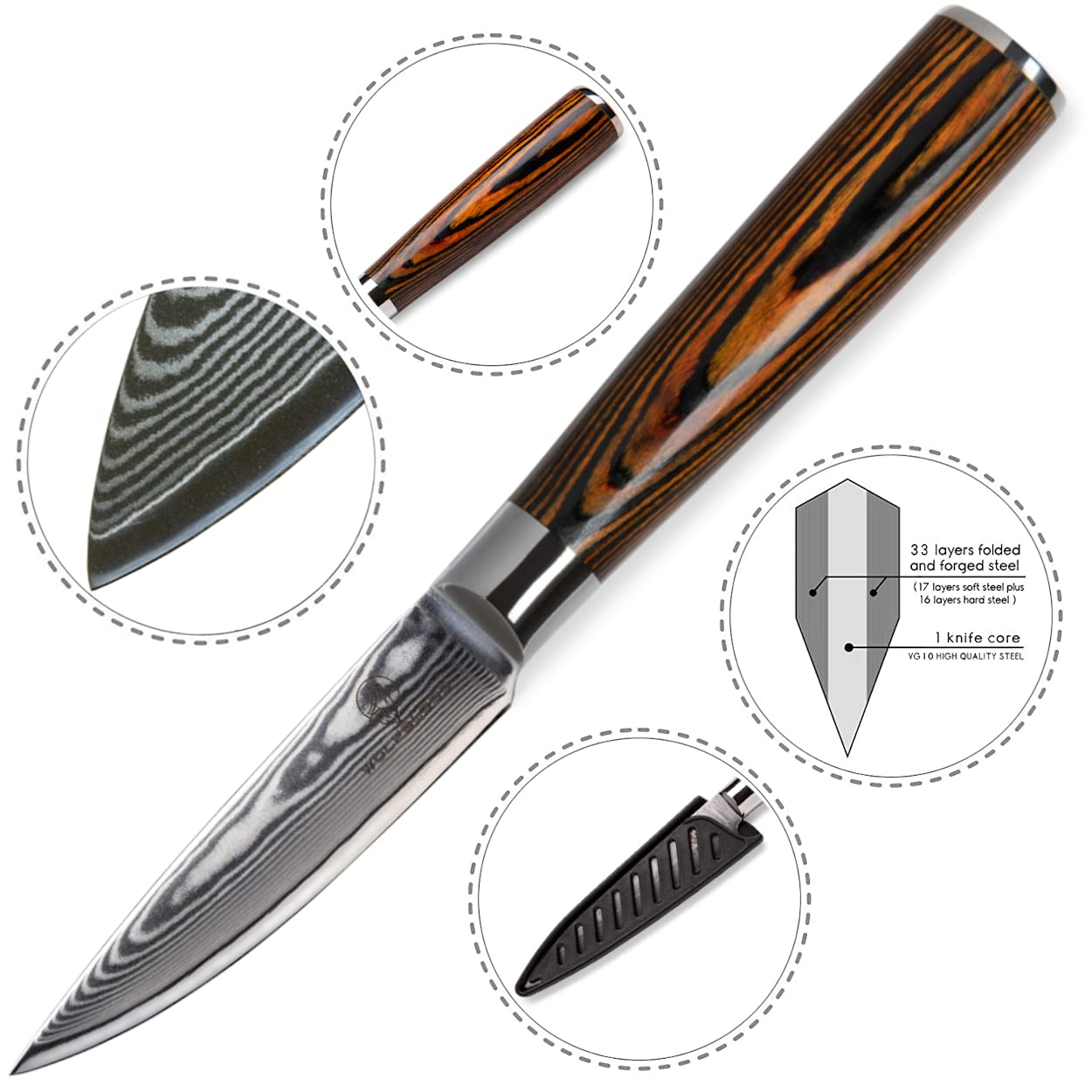 Wolfblood Damastmesser Schälmesser S (20cm) TÜV geprüfter 62 HRC Damaststahl aus 67 Lagen I Obstmesser Officemesser Damast Küchenmesser mit Holzgriff Geschenkbox & Klingenschutz