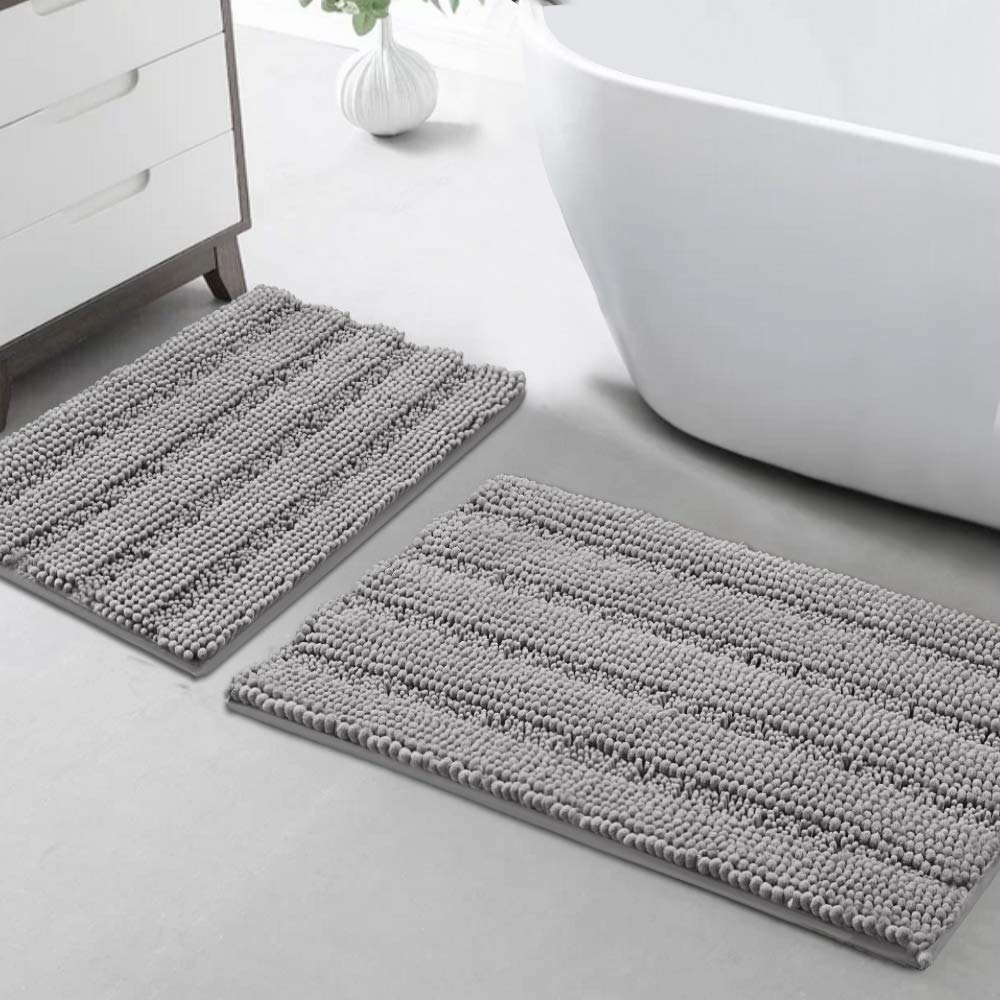 Turquoize Chenille Bathroom Rugs Set - Non-Slip Bath Mats for Bathroom & Kitchen/Entryway (20" x 32" and 17" x 24"), Extra Soft and Absorbent Shaggy Mats, Dove Gray