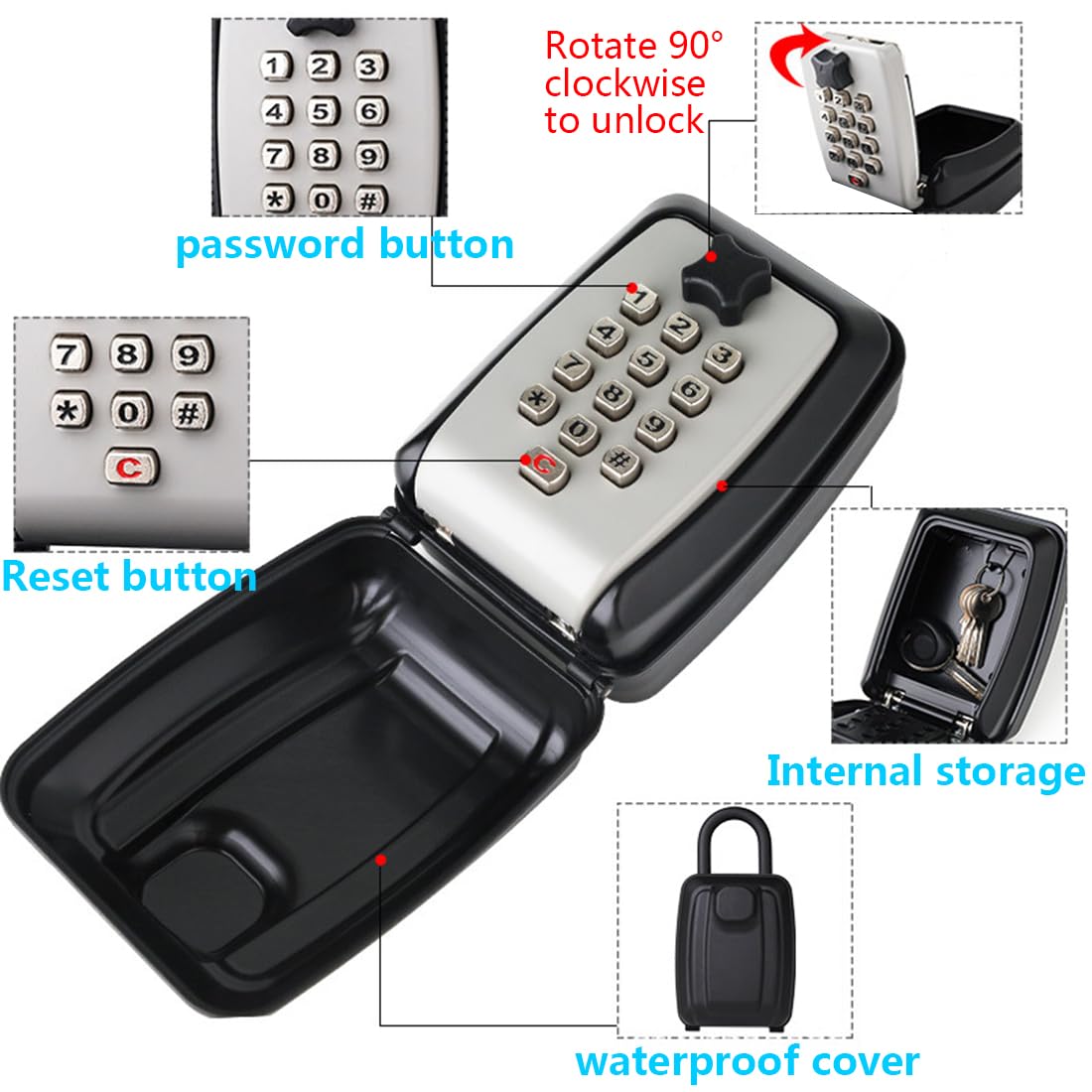 Boite A Clef en Alliage De Zinc Boite A Cle Securisee Exterieur Étanche avec Code d'urgence 12 Chiffres Boite A Clefs Murale pour École Maison Bureau,Black