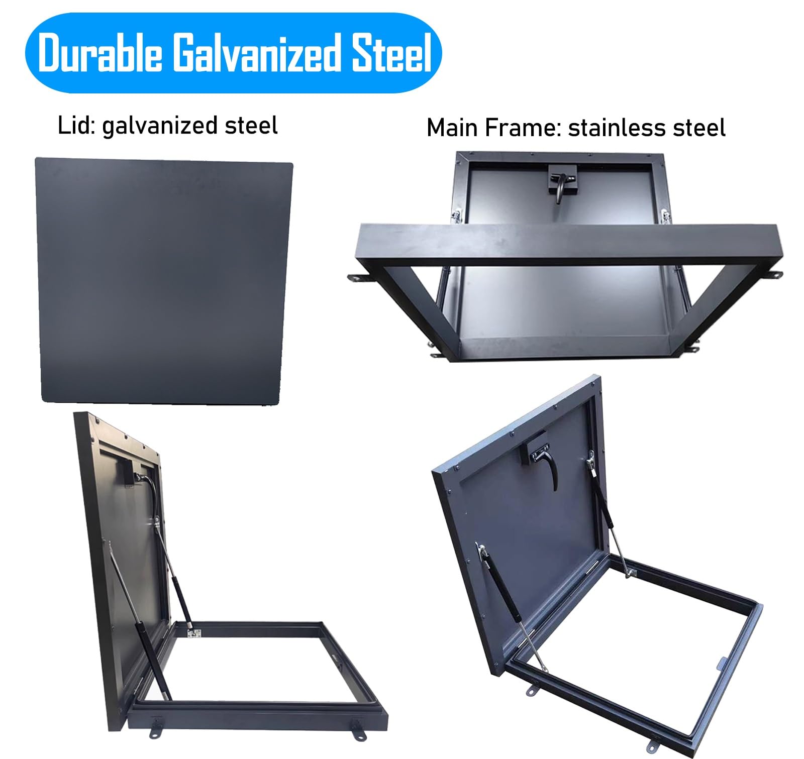 Botola di accesso per tetto con puntone a gas, rivestimento zincato a polvere, guarnizione in gomma e maniglia, porta di accesso per scale mansardate, apertura versatile, 80 x 65 cm