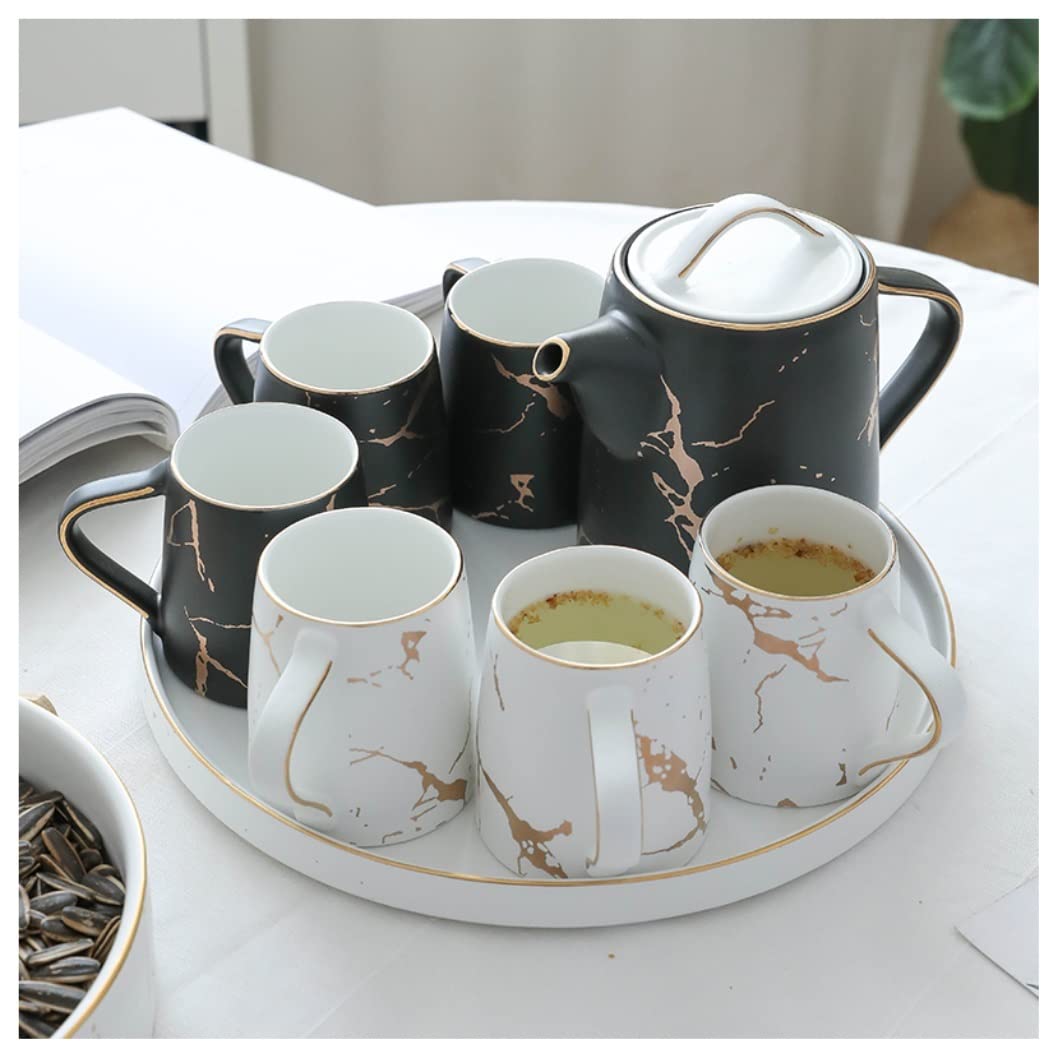 DANNMPX Tea Set 8 Pieces Tea Cup Set Nordic Ceramic With Round Tray Teaware Coffee Pot Teapot And Cups(A)