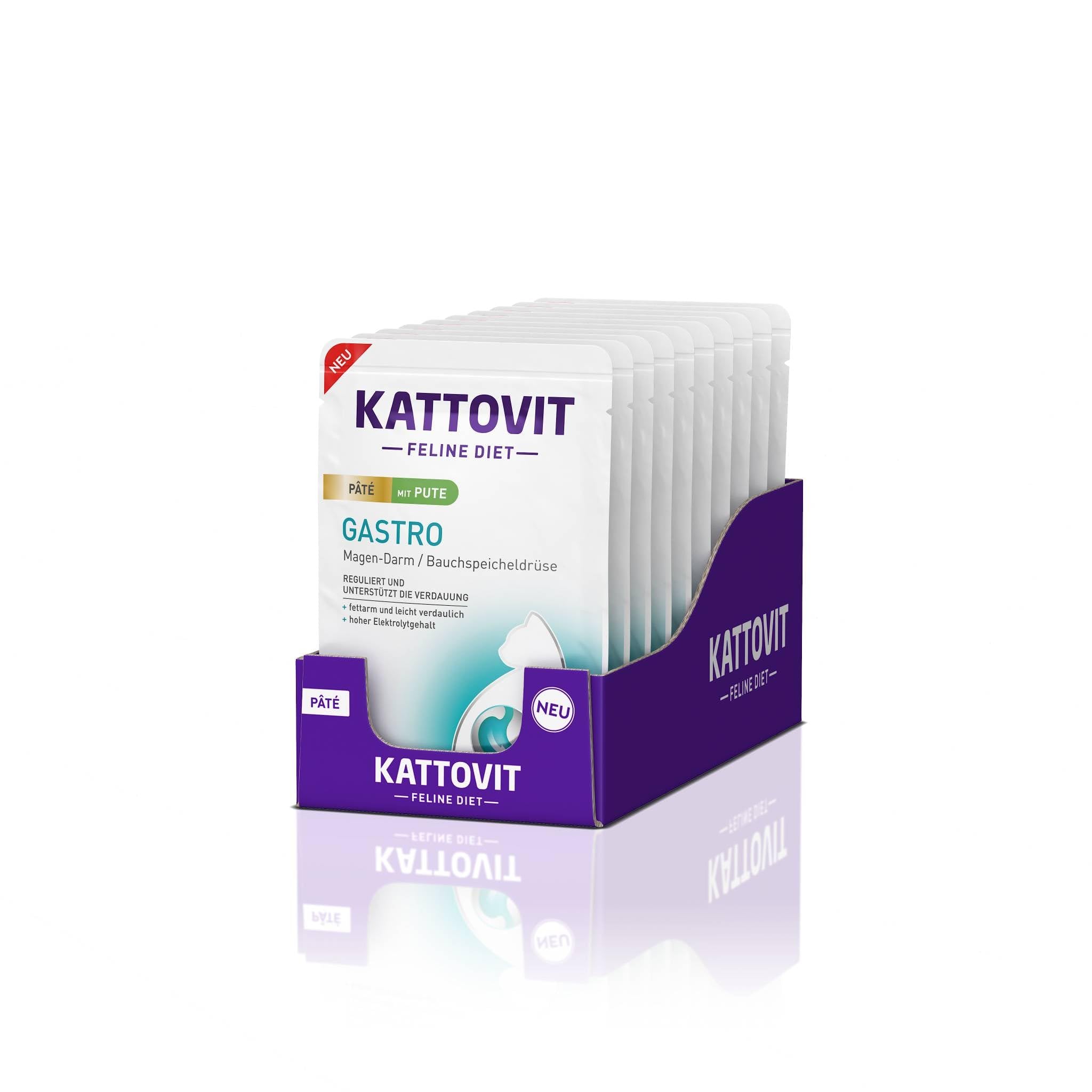 Kattovit - Gastro mokra karma dla kotów | mokra karma dla kotów wspomagająca układ żołądkowo-jelitowy | dietetyczna mieszanka paszowa w woreczku dla dorosłych kotów | 10 x 85 g Paté indyk