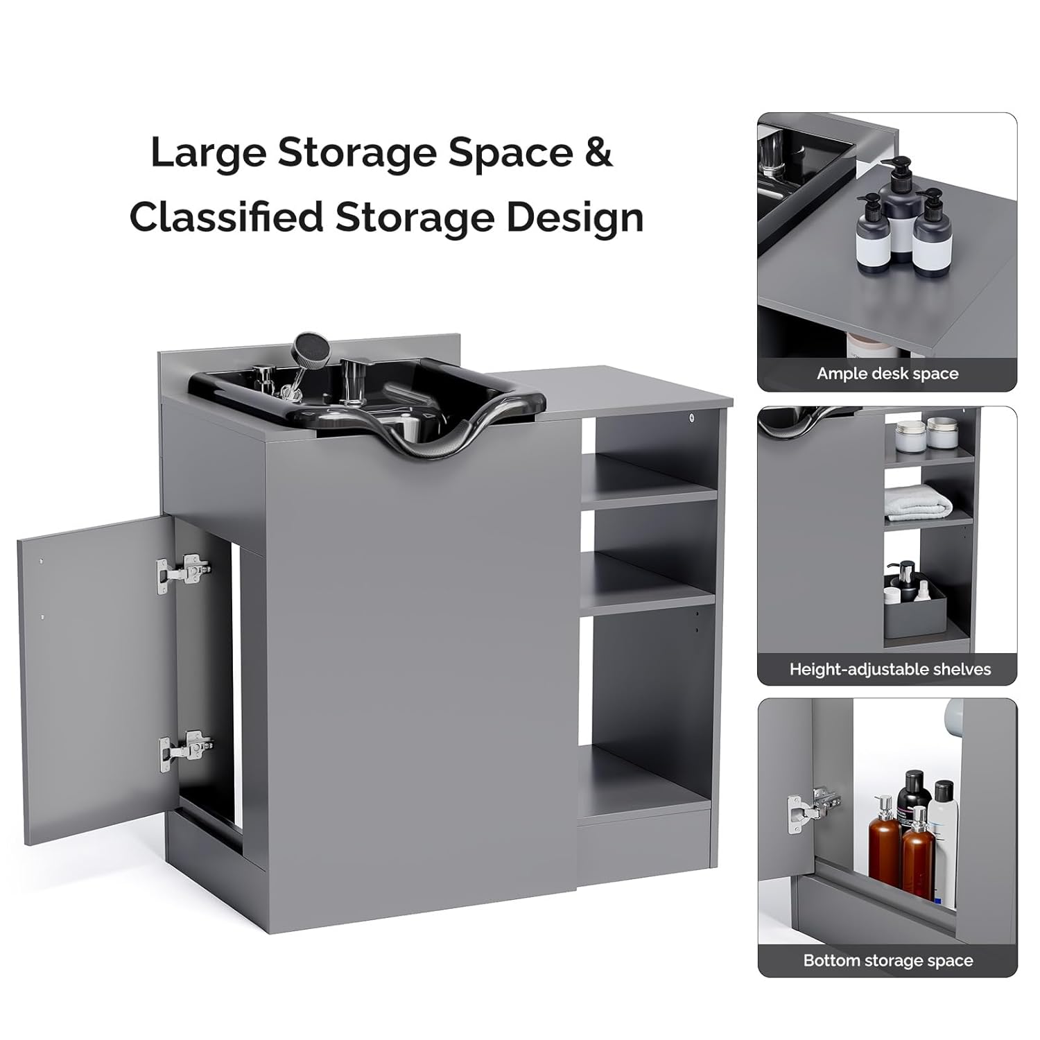 OmySalon Shampoo Bowl with Cabinet, Portable Salon Hair Washing Station with Adjustable Shelf, UPC Certified Faucet, Freestanding Backwash Sink for Barber, Beauty Salon, Spa, Grey