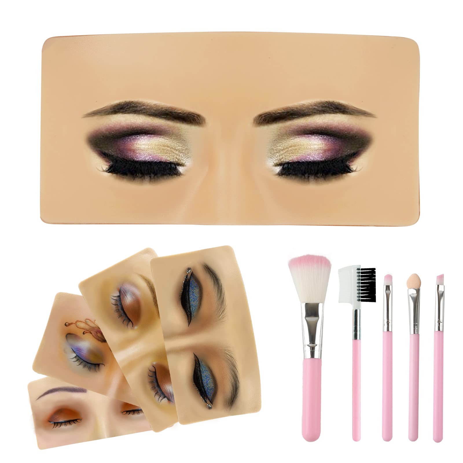 The Perfect Aid to Practicing Makeup, Facial Eye Makeup Practice Board, Silicone Practice Makeup Face Board Lash View Eyelids Training for Practice Eyesmakeup with 5 Piece Brushes Set (close-eye)