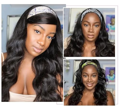 Fugady Glueless Headband Wig Headband Wig Body Wave None Lace Front Wig Natural Color Synthetic Long Wavy Dark Brown Headband Wigs For Black Women Natural Looking #TOP4