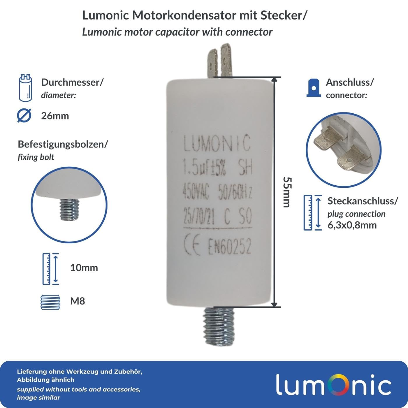 Condensatore Motore 35µF 450V Lumonic – Spina 6,3 Mm, Custodia Plastica 45x70 Mm, Autorigenerante, Per Pompe Tosaerba E Utensili