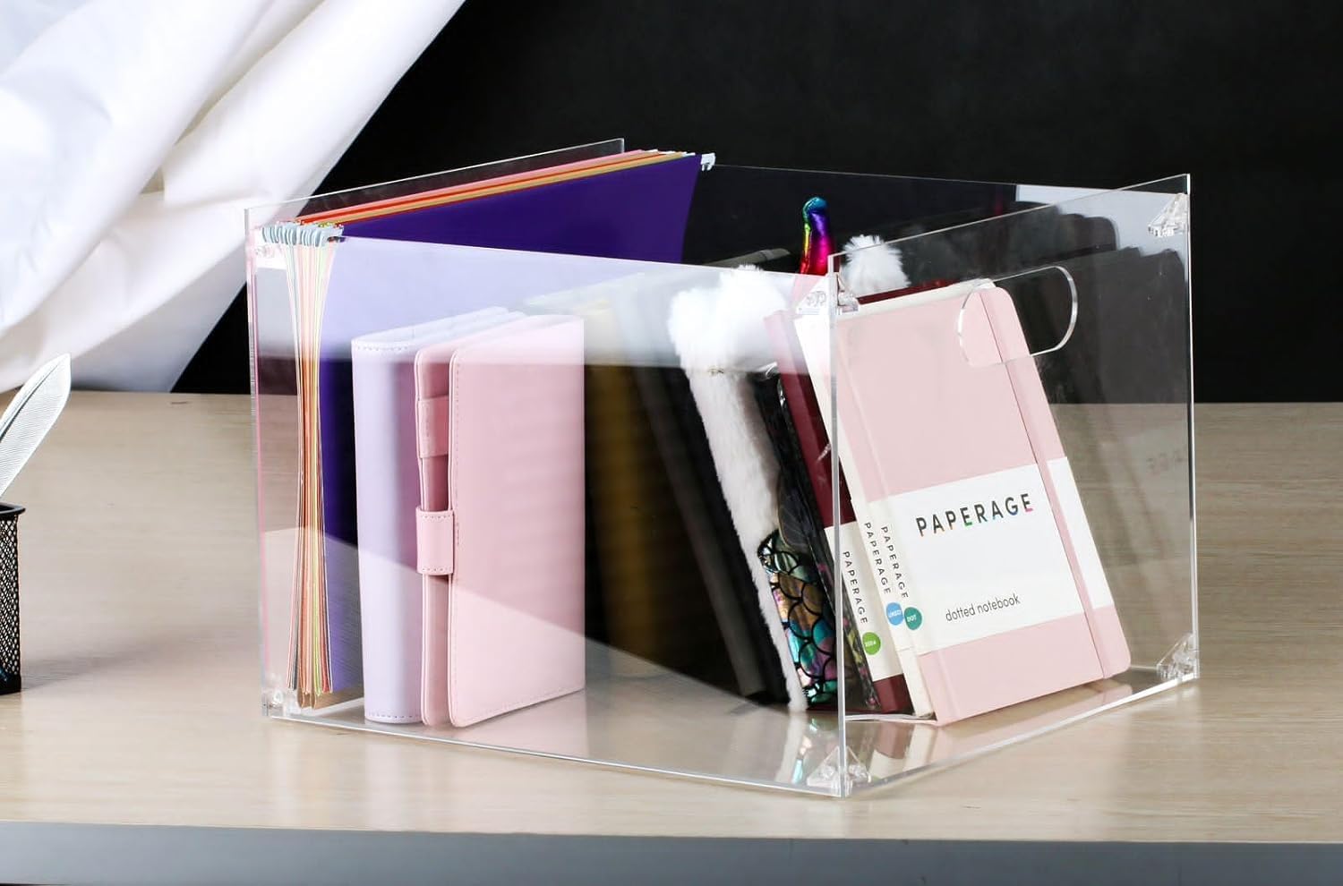 Acrylic File Organizer for Desk Box with Handles - Clear File Box Holder for Letter Size A4 - Desktop Acrylic Desk Organizer for Office - Without Partition