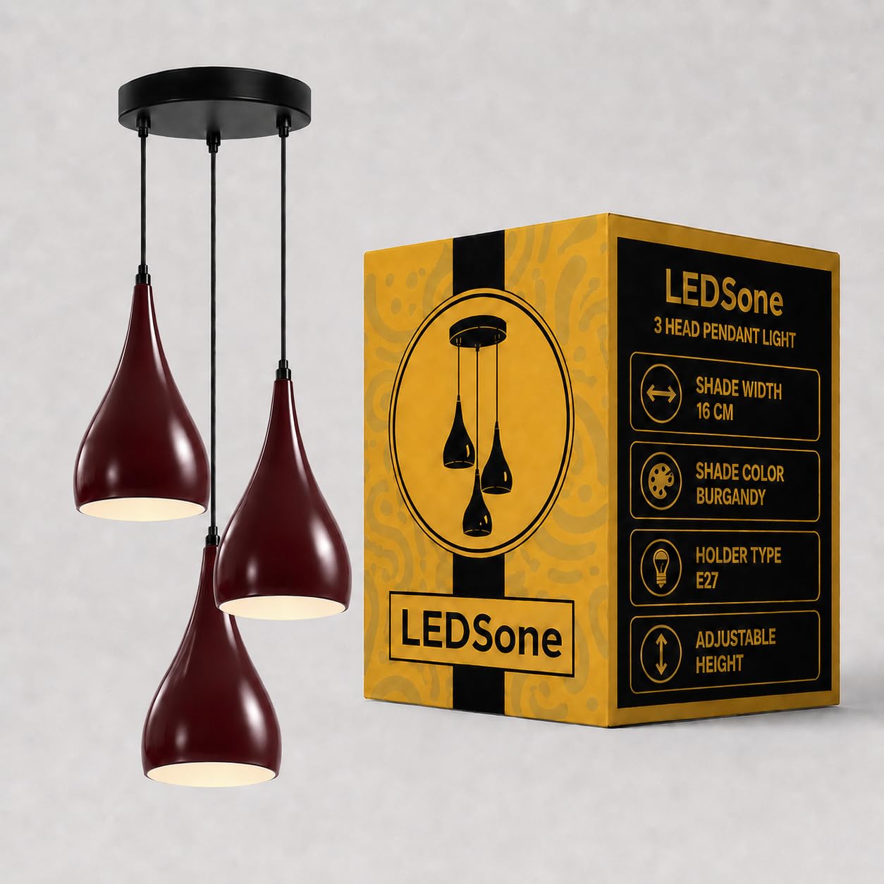 LEDSone 3 Head Ceiling Pendant Light - Easy Fit Pendant Light Shade Metal 16cm Tear Drop Modern Ceiling Hanging Pendant Light Burgundy Shade Light Fitting Fixture for Living Room Dining Room Bar Cafe — image 1