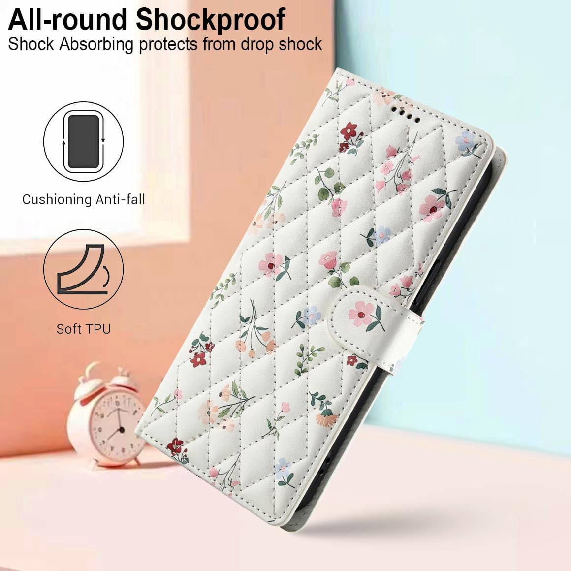 for iPhone 17 Wallet Case, Magnetic Snap Flip Leather Cover with Floral Design Credit Card Holder Stand Wristband，iPhone 17 Protective Phone Case for Women image 3