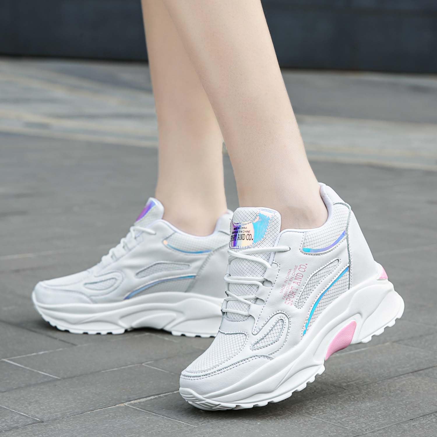 Scarpe con Zeppa Interna Donna Scarpe Sportive Casual Respirabile Sneakers Tacco Nascosto Zeppa 8CM