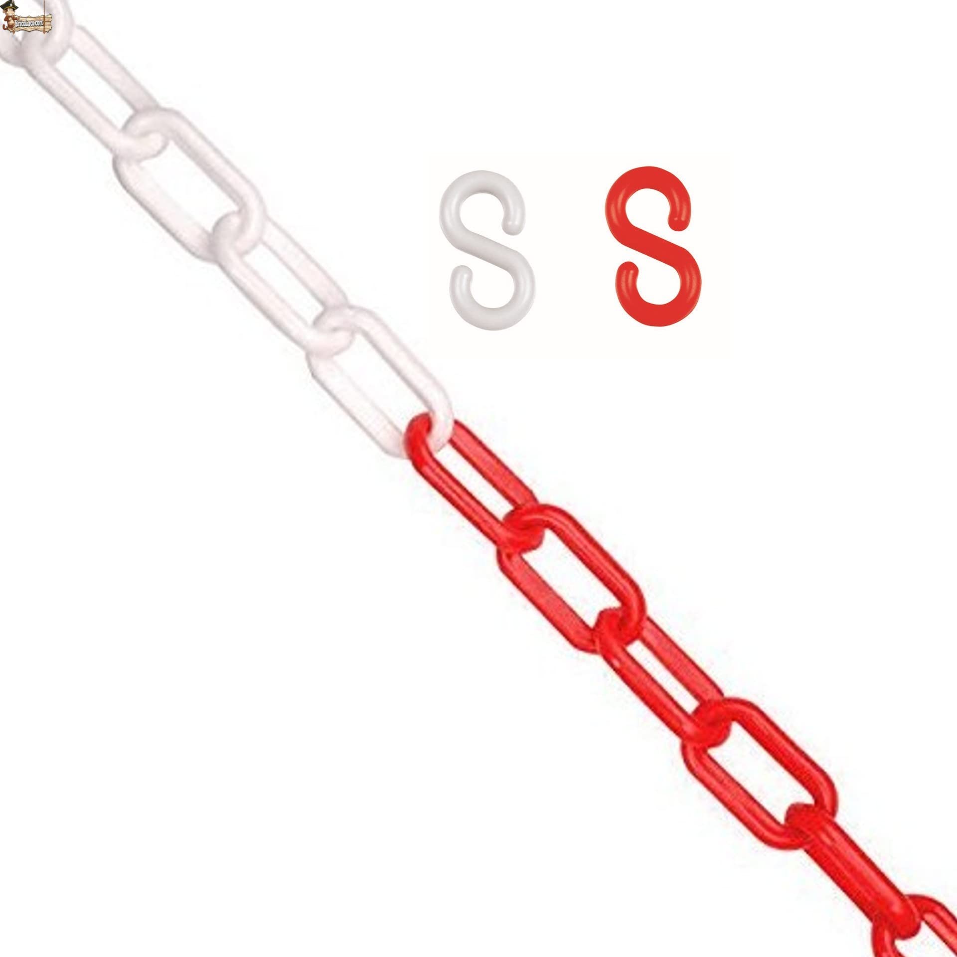 BricoLoco.com Cadena plástico eslabones roja y blanca señalización. 25 mts. de 10 mm. + 20 Ganchos S incluidos. Para poste, delimitación, balizar, separador (10 mm. Rojo Blanco, 25 mts.+20 gancho)