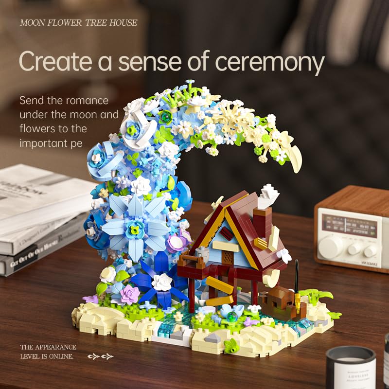 Image of SKY LINE OCEAN Moon Flower Mini Bricks Building Set ||1343 PCS || Fairy Crescent Moon Cabin & Blue Flower Bouquet Botanical Collection || (Complex,only for 14+) 6 Months constructional Warranty