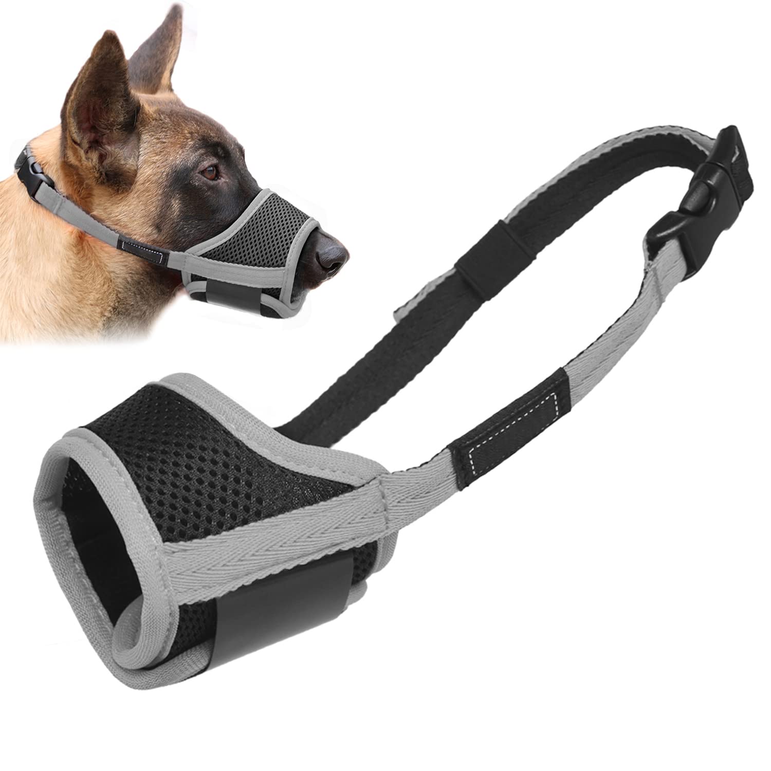 LUCKYPAW Dog Muzzle Anti Biting Barking and Chewing with Comfortable Mesh Soft Fabric and Adjustable Strap, Suitable for Small, Medium and Large Dogs(Grey Trim,XL)