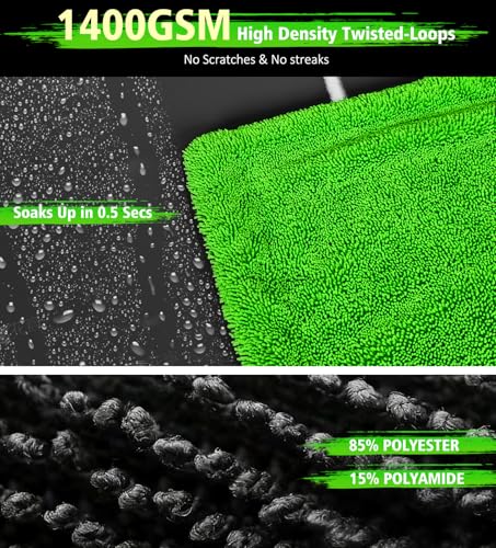 YeewayVeh 'Agile Giant' Car Drying Towel, 28x36 Inch Quick Car Wash Drying Towels, 1400 GSM Super Absorbent, Double Sided Microfiber Towels for Cars Effortless & Scratch-Free Detailing, Green — view 4
