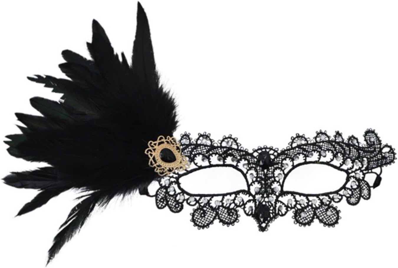 Black Feather Masquerade Eye Mask for Adults, Elegant Lace Venetian Mask with Side Plume for Carnival Party
