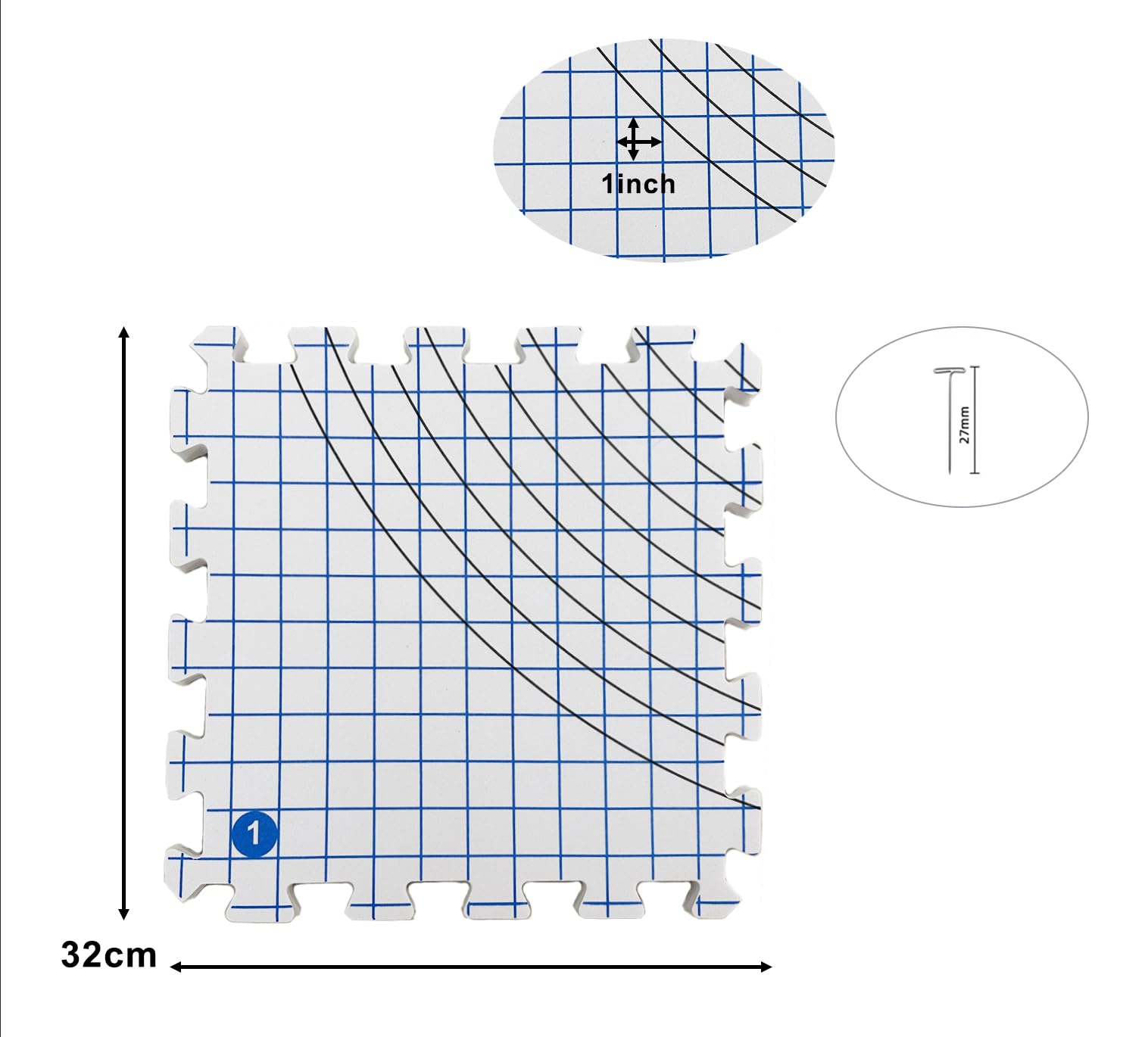Tapis de Blocage Extra épais de 1,9 cm pour Tricot et Crochet, Avec 100 épingles en T et Grilles de Blocage à Emboîter (32 x 32 cm, Lot de 9 Avec Sac de Rangement)