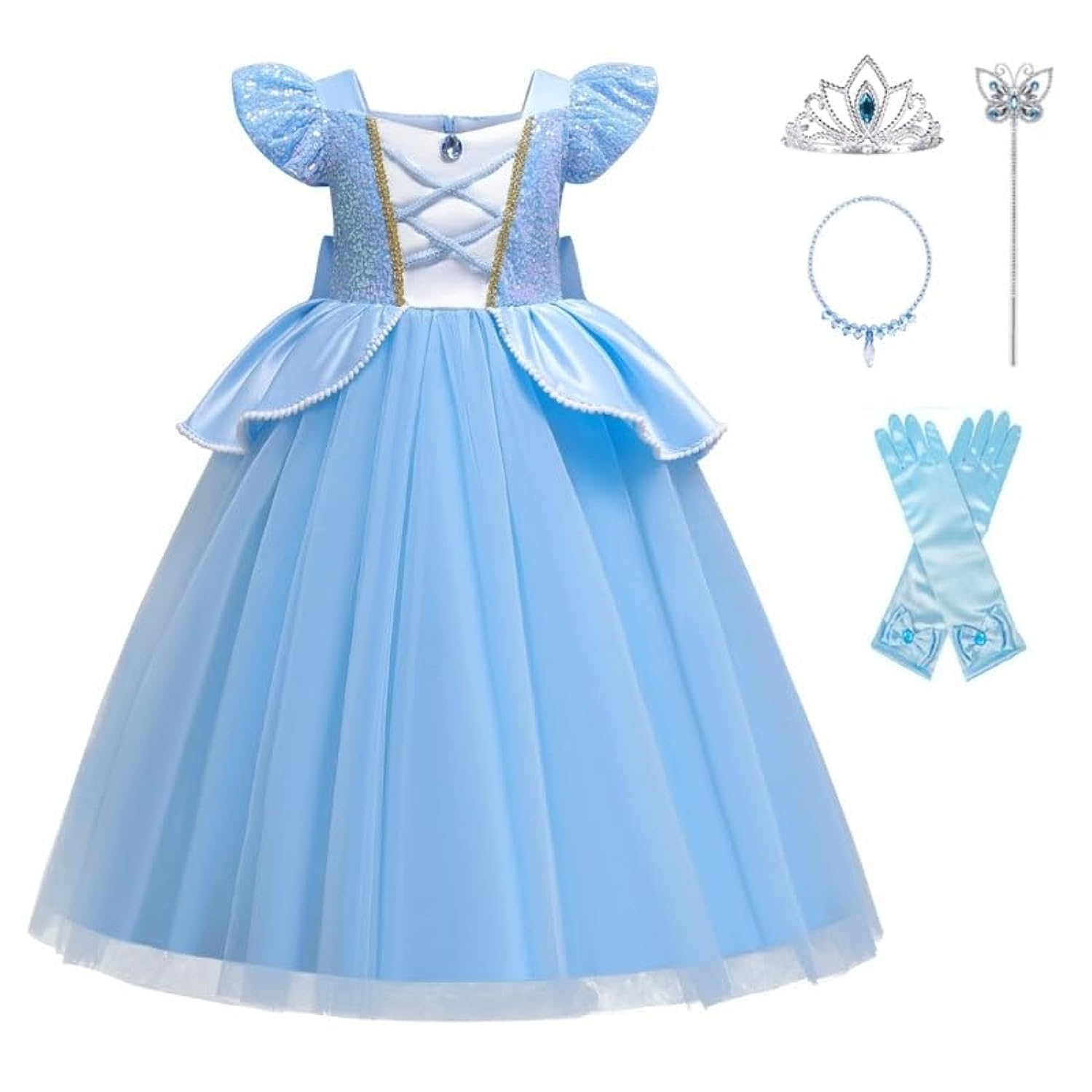 Yalla Baby Girls Dress Costume for Kids Girls Princess Blue Dress Up with Free Accessories - 90-140 cm 3-12 Years Birthday Party Cosplay Outfits