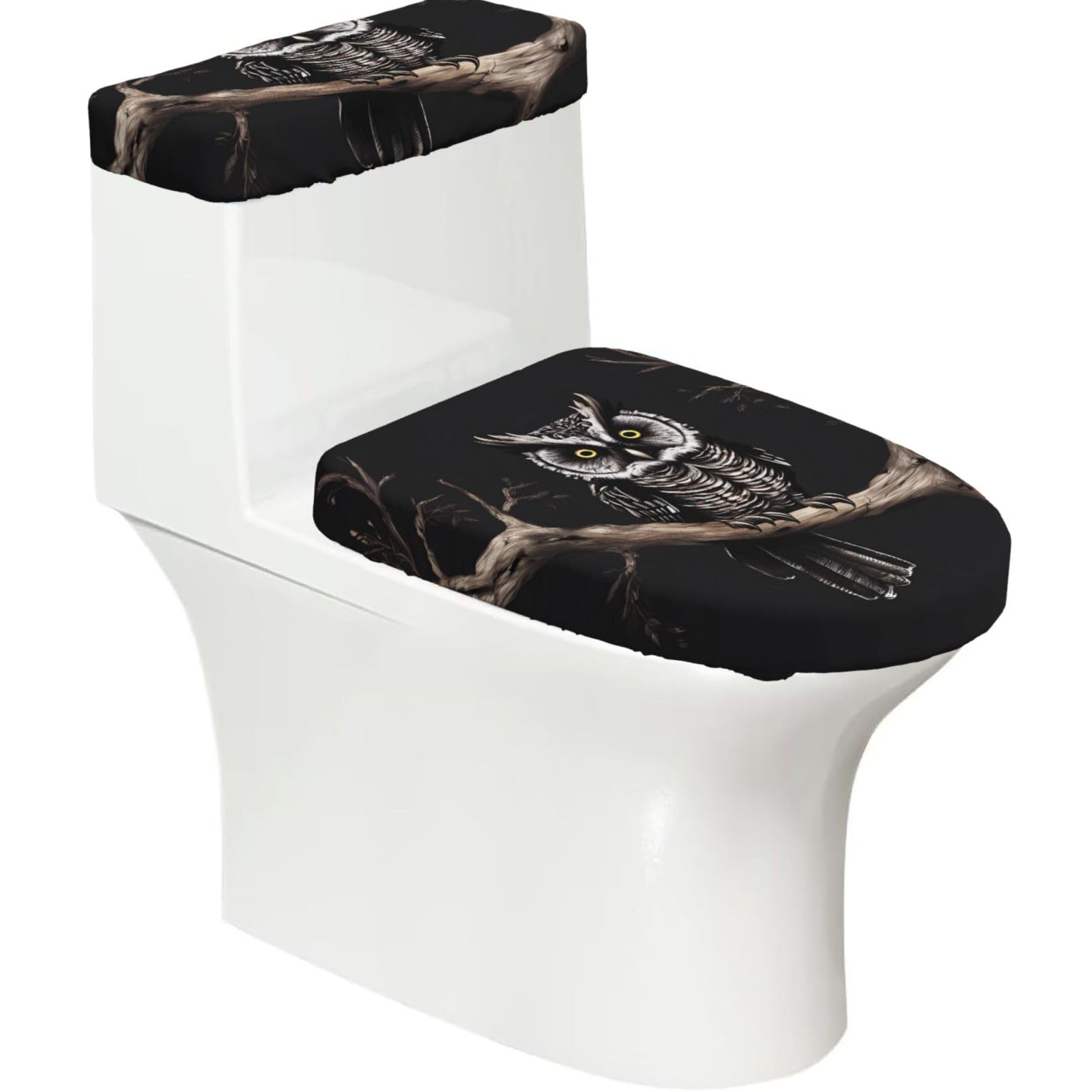 Late Night Owl 2-Piece Toilet Seat Cover Set with Tank Lid - Elastic for U-Shape & Elongated - Bathroom Decor