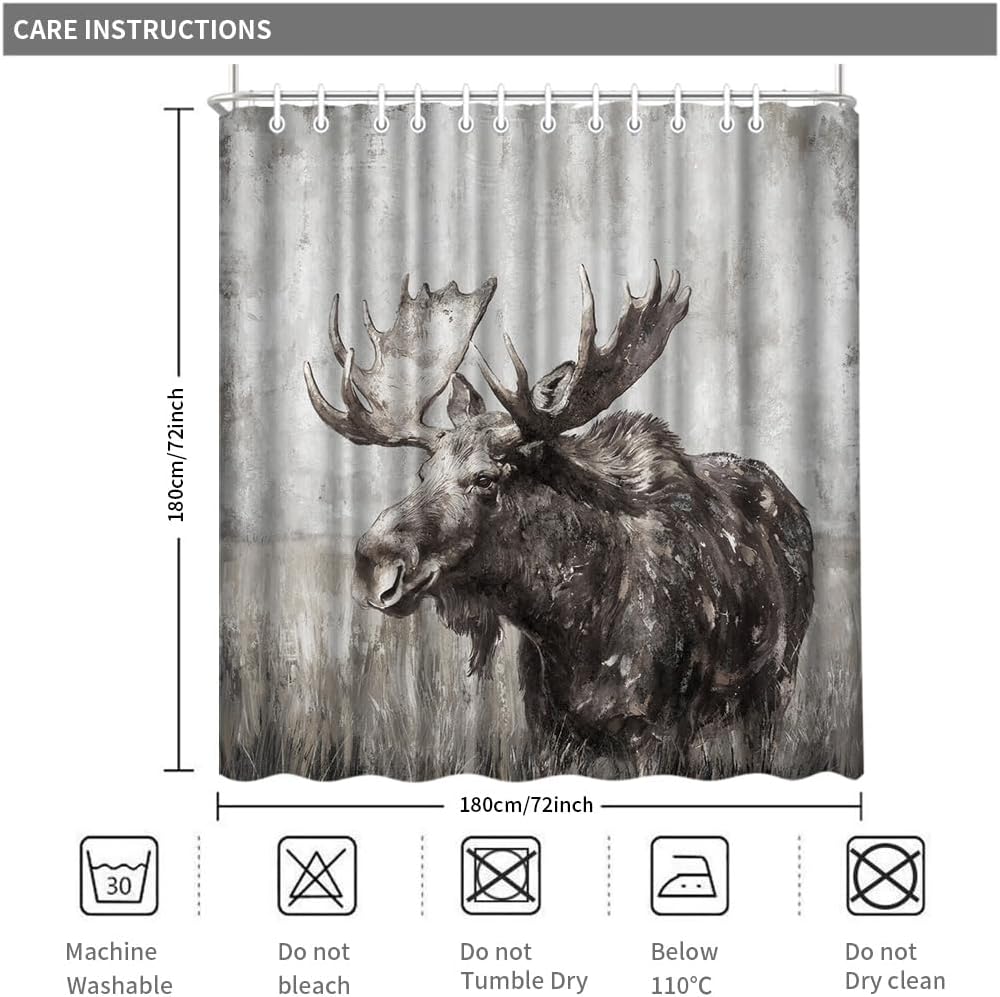 Moose Shower Curtain Rustic Wildlife Western Bathroom Decor with 12 Hooks 72x72 Inches Gray and Brown
