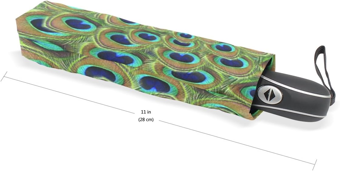 WOZO Green Mandala Feather Peacock 3 Folds Auto Open Close Umbrella