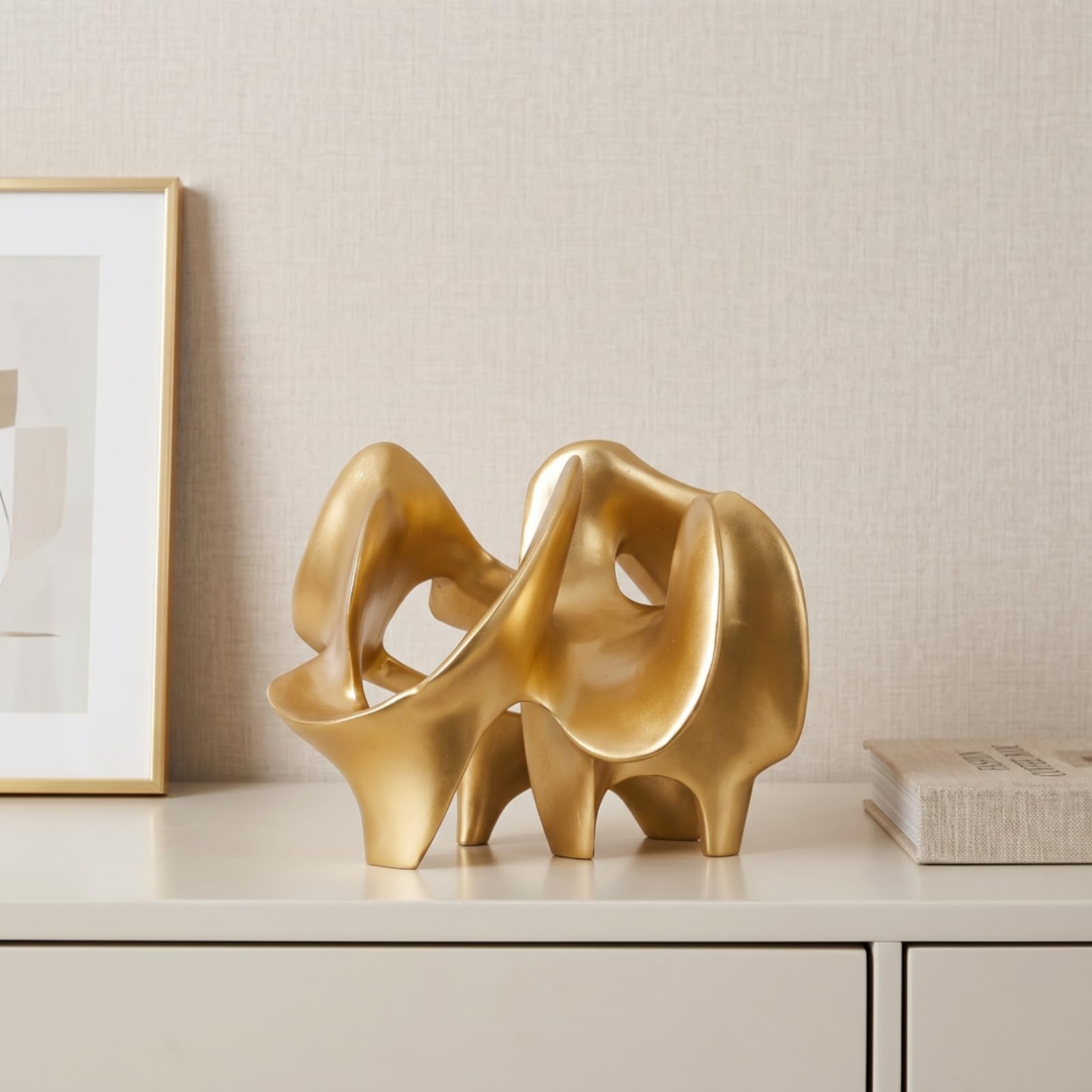 Scultura Moderna Decorativa in Resina Ornamento Astratto Statua Geometrica Contemporanea Peso 1.240 kg Struttura Solida Adatta per Salotto Studio Ingresso Consolle, Oro