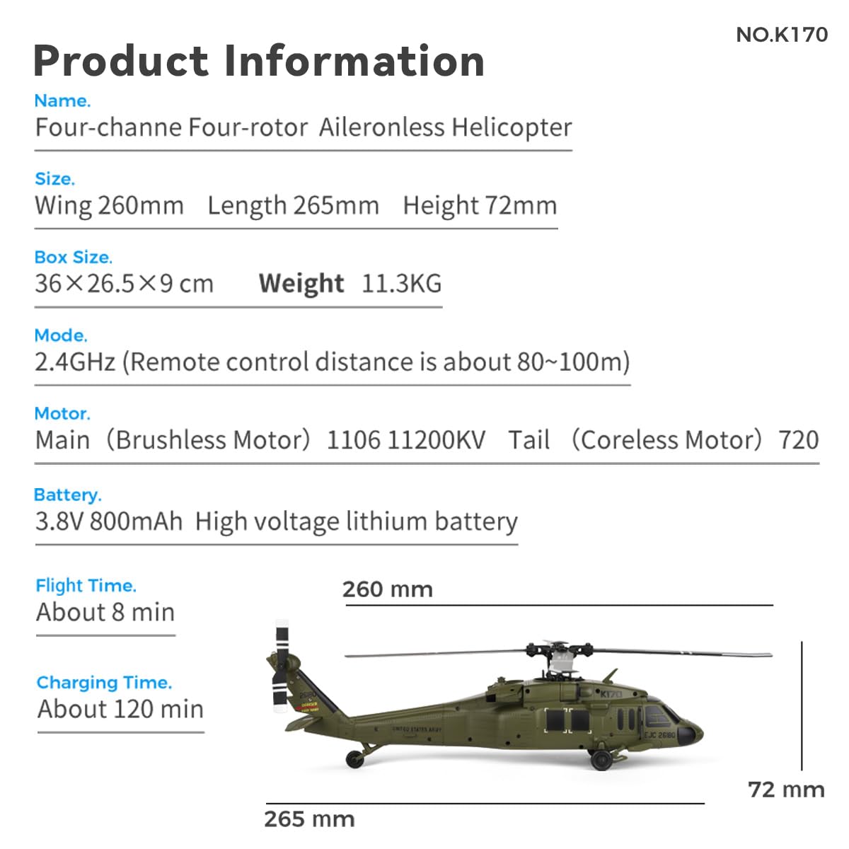 K170 UH60L Elicottero RC per Principianti Adulti, Modello di Elicottero Radiocomandato Flybarless 2,4G 4CH con Mantenimento dell'Altitudine, Doppio Motore Brushless, Giroscopio a 6 Assi, 1