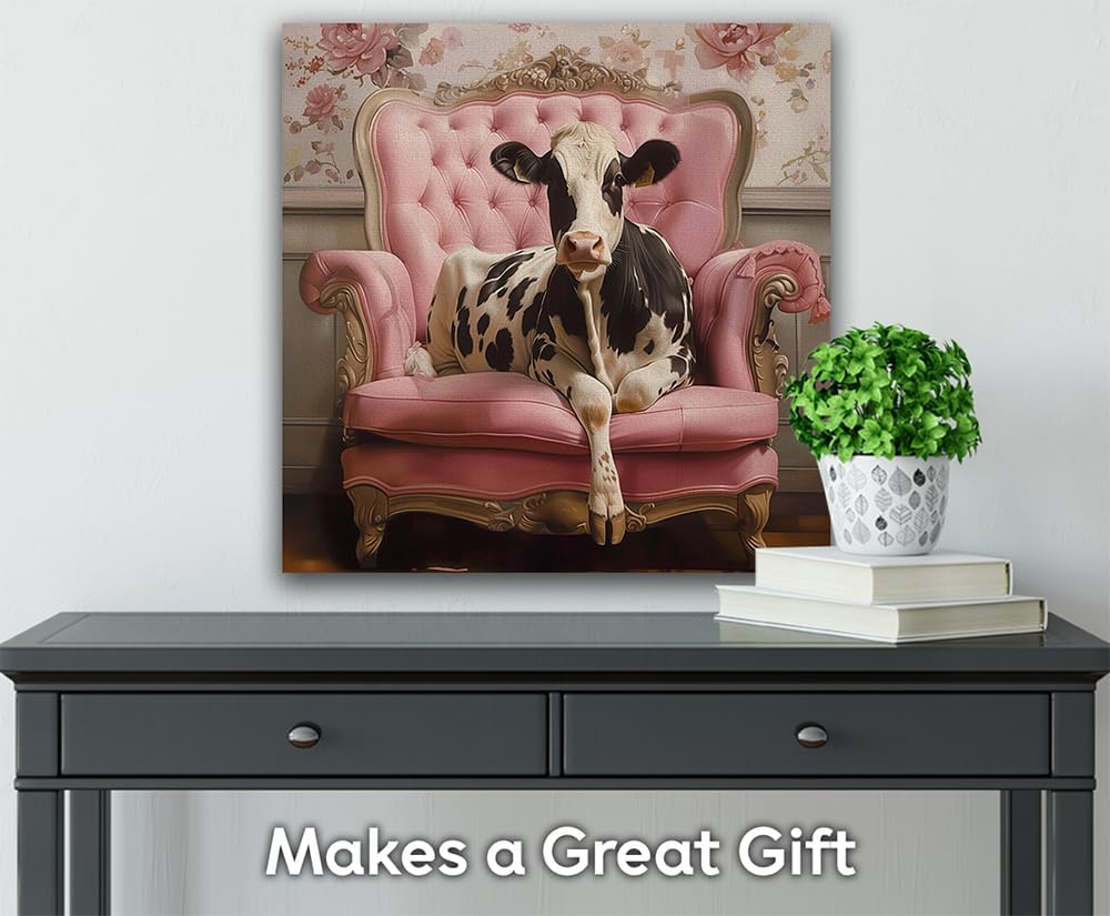 Pretty In Pink Cow On A Sofa Portrait 30x30 Stretched Canvas Poster-Rustic Farm Animal Wall Art, Vintage Farmhouse Decor, Cute Cattle Artwork, Floral Humor Print For Country Chic Living Room Or Office