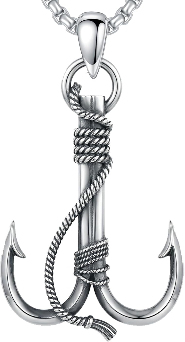 Fish Hook Necklace 925 Sterling Silver Hawaii Fishing Pendant Nautical Jewelry Gifts for Men Women, w/Stainless Steel Chain 22"+2"