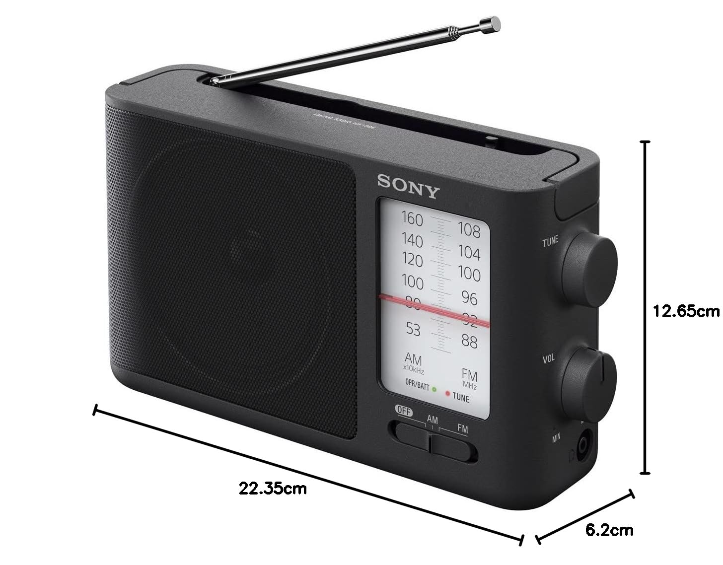 Sony ICF-506 Tragbares robustes Analogradio (Retrodesign, voller Klang, AC-Netzteil oder Batteriebetrieb, Tragegriff) Schwarz