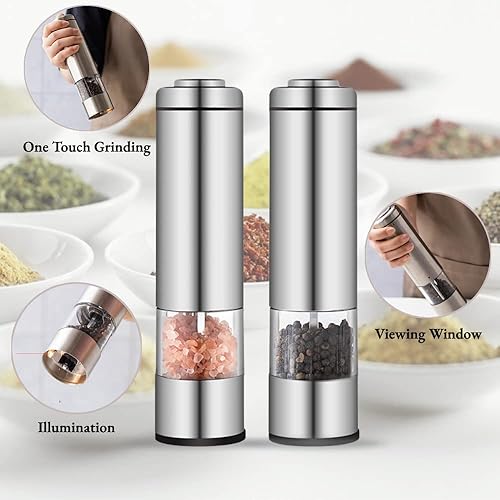Miniatura 2 de Juego de molinillo eléctrico de sal y pimienta con soporte para bandeja condimento automático de pimienta con molienda ajustable salero recargable