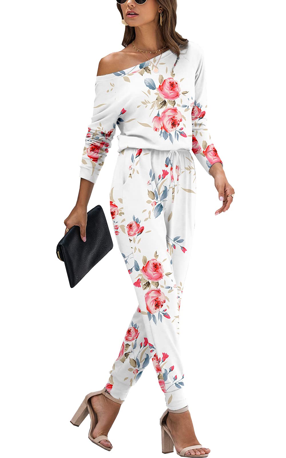 DEARCASE Damen Elegant Schulterfrei Lose Jumpsuit Kurzarm/Langarm Playsuit Dehnbar Overall Hosenanzug Elastische Taille Romper mit Taschen