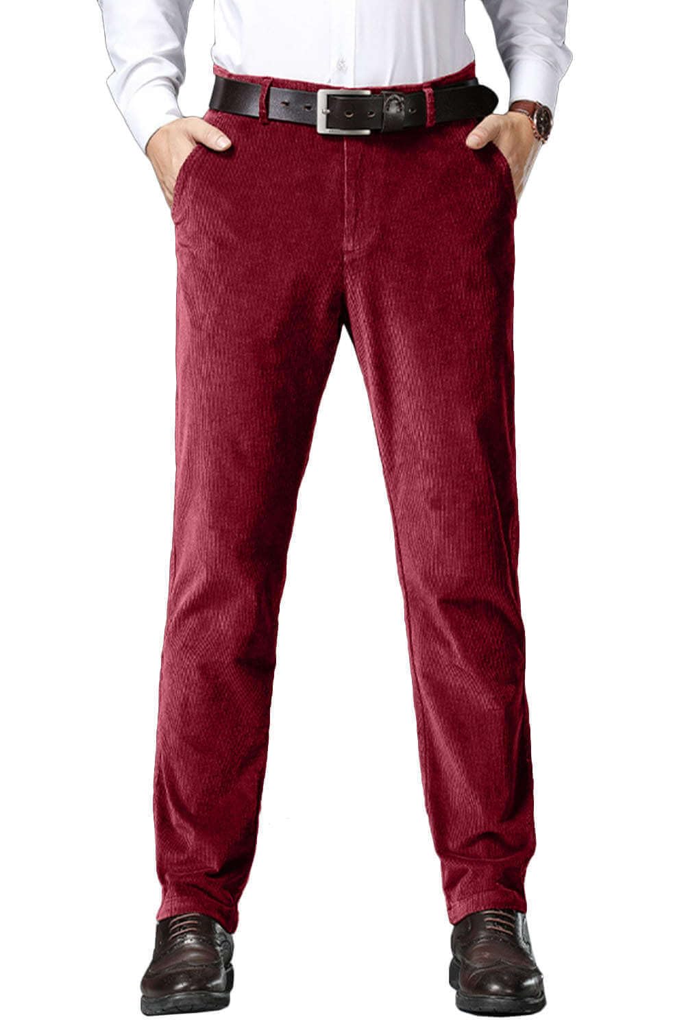 Wemaliyzd Men Corduroy Pants Work Cargo Slacks Elastic Waist Suit Trousers FZ130-TR Burgundy 42W32L