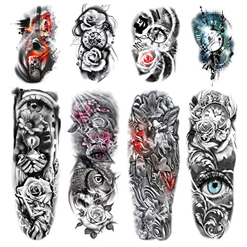 4 Sheets Large Arm Temporary Tattoos and 4 Sheets Full Arm Sleeve Tattoo Sticker, Black Nature Eye Flower Fake Tattoos Sleeve Body Art for Women Men
