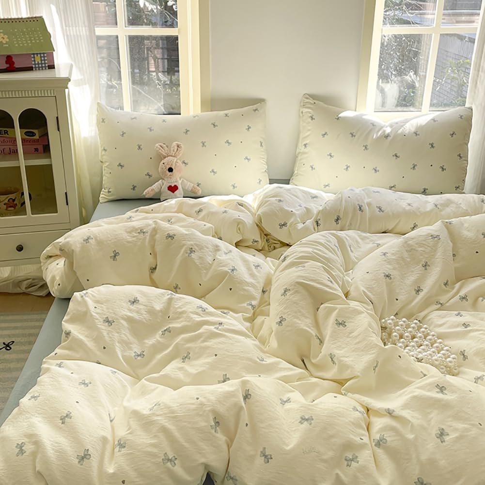 Nayoroom Schleifen Bettwäsche 220x240 3teilig Herzchen Schleifenmuster Ästhetik Bettbezug Premium Gewaschene Microfaser Bettwäsche-Sets mit Reißverschluss und 2 Kissenbezug 80x80 cm