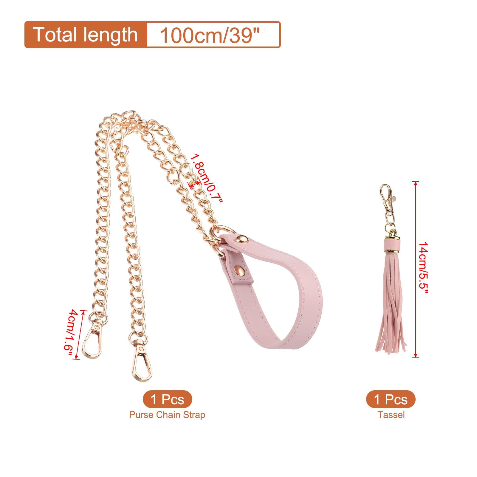 PATIKIL Purse Chain Strap, 39 Inch Leather Chain Straps Purse Strap Replacement with Tassel for Crossbody Bag Handbag Woman Pink/Gold - Image 2