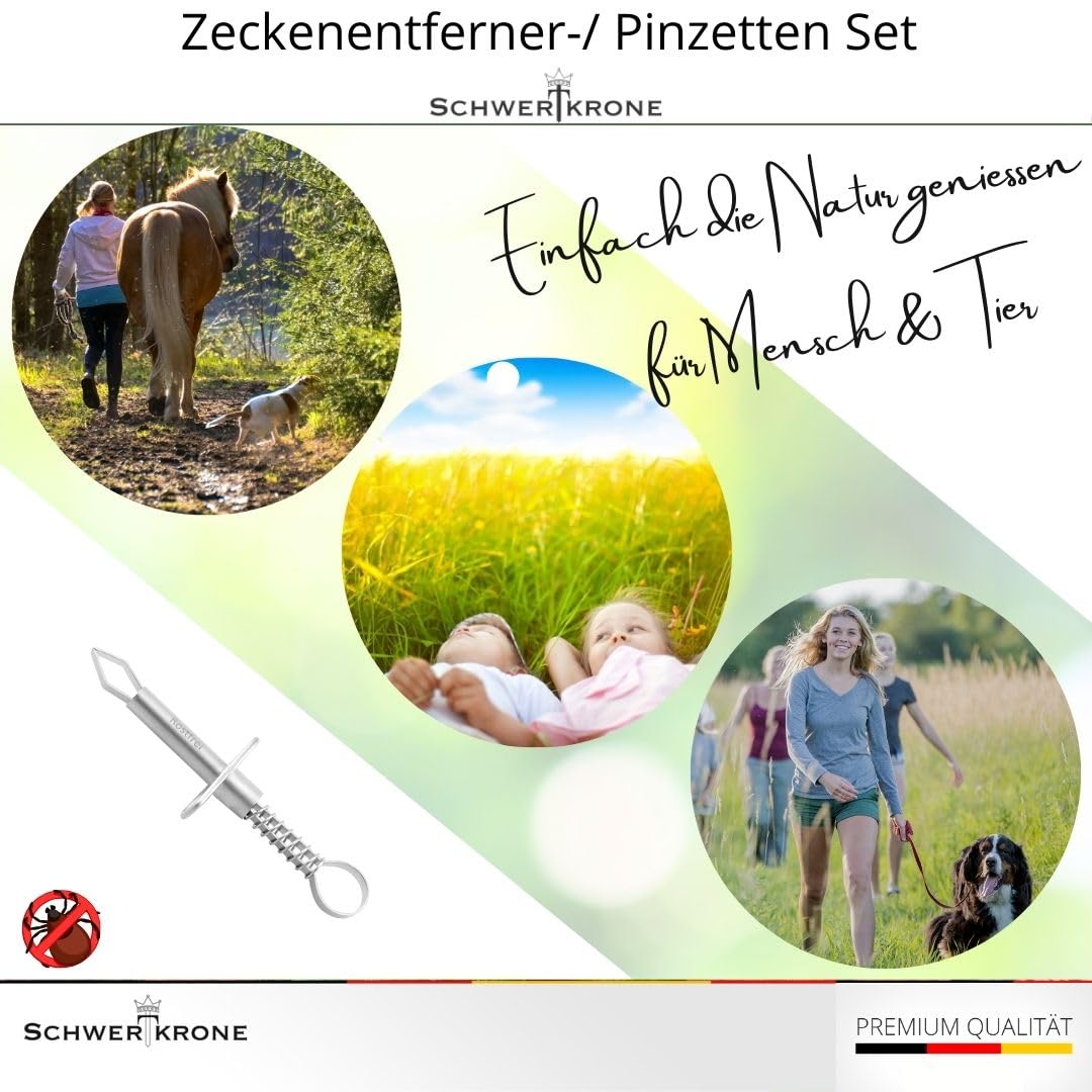 Schwertkrone Lot de 2 pinces à tiques avec étrier de maintien en métal - Tire-tiques avec ressort - Pour homme, chat et chien - En acier inoxydable hygiénique